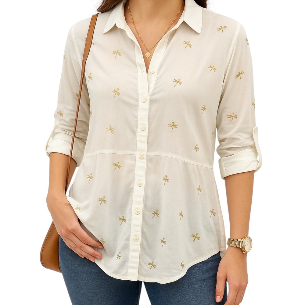 Solitaire White Gold Dragonfly Button Down Blouse Women's Small Rayon Hi Low Hem